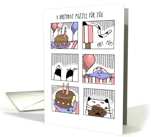 A Birthday Cake Mystery Puzzle with Cat and Balloons card (1118222)
