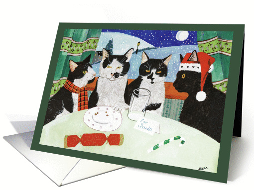 Nothing Left for Santa, cats at table with empty plate, Christmas card