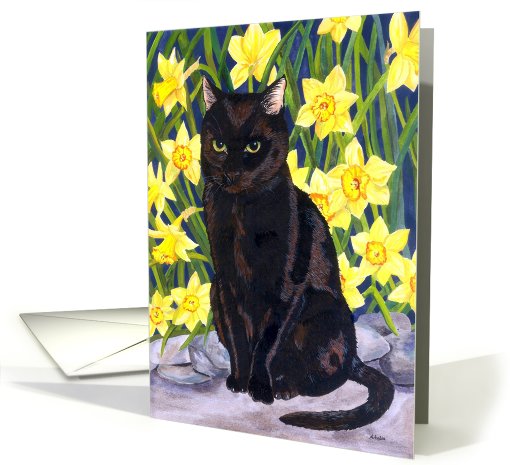 Jet and Daffodils (Black cat amongst Spring flowers card (760979)