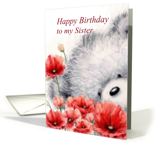 Birthday Bear Holding Red Flowers for a Sister card (1433226)