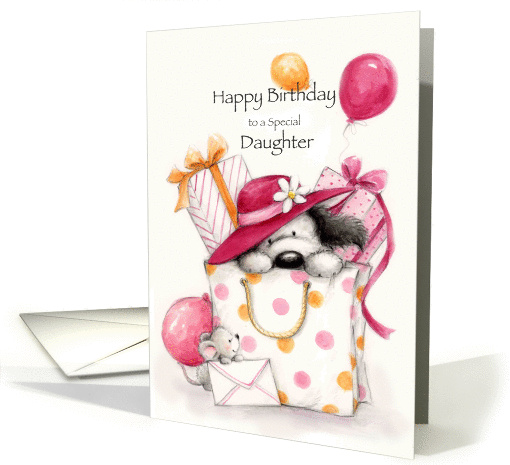 Cute dog in shopping bag with mouse for daughter's birthday. card