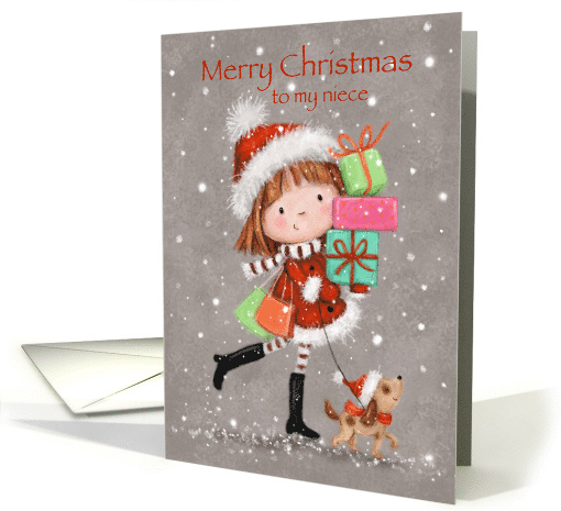 Cute girl with shopping bags and present, Christmas for niece card