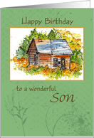 Happy Birthday Son Cabin Watercolor Green card