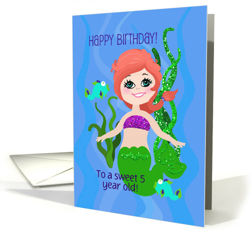 Happy Birthday! Red Haired Mermaid, Fish, Glitter Look Sea Grass card