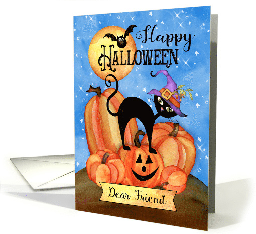 To Friend Happy Halloween with Pumpkins, Cat, Bat, Moon, Bat card