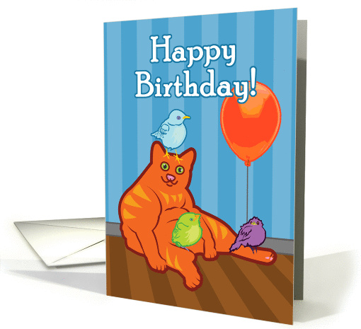 Happy Birthday Fat Cat and Birds card (920314)