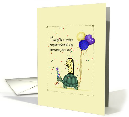 1st Birthday, Cute Turtle with Balloons & Party Hat card (754937)