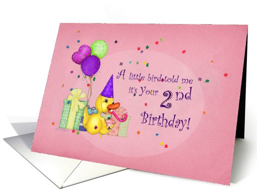 2nd Birthday, Duck with Party Hat, Gifts, Confetti and Balloons card