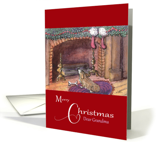 Merry Christmas Grandma, Corgi dog by the fireplace card (1478964)