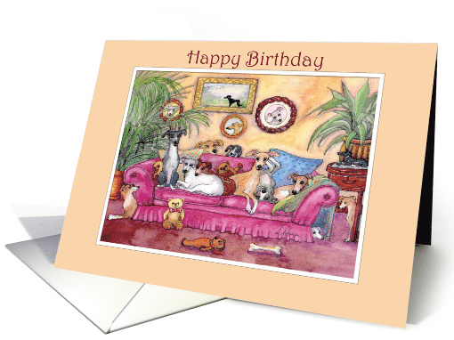 Happy Birthday, greyhound dogs on the sofa card (1495184)