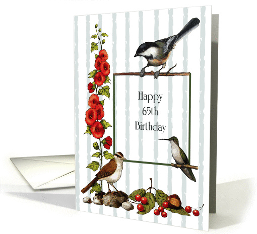 Happy 65th Birthday, Nature Border With Birds And Flowers: Art card