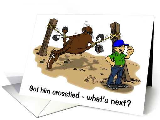 cartoon horse in crossties card (203343)