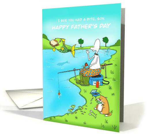Funny Fathers Day Son Fisherman With Fish Stealing Sandwich card