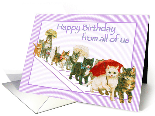 Kitties Walking Together in a Group Vintage Happy Birthday card