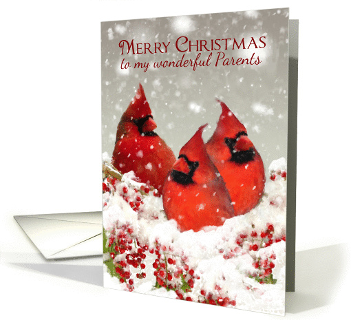 Parents, Oil Painted Red Cardinals And Winter Berries With Snow card
