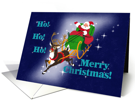 Santa Flies Through Stars with His Sleigh with One Reindeer card