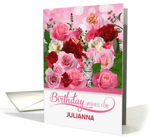 Custom Birthday Rose Garden with Butterflies and Tabby Cat card