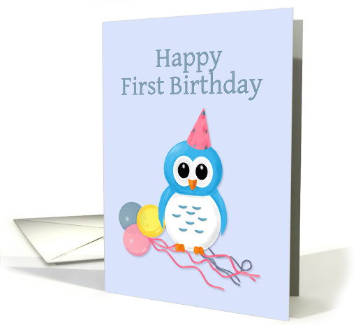 Happy First Birthday Sweet Cartoon Blue Owl card (1073576)
