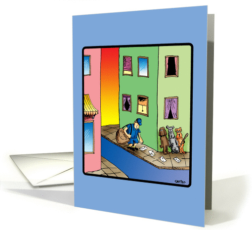 Cartoon mailman and dogs- Humorous cartoon birthday card (1292456)