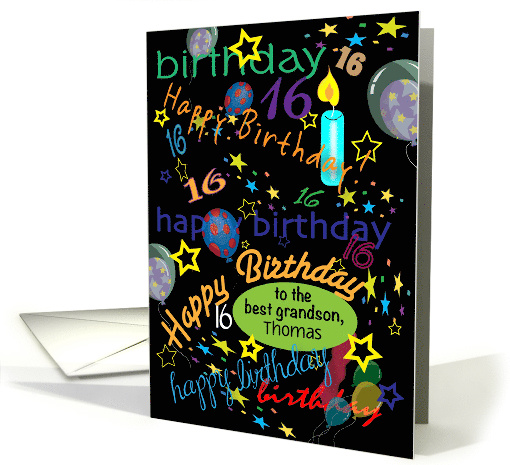 Custom Name 16th Birthday for Grandson, candle, stars card (1393112)
