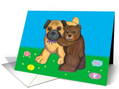Pug Dog and Teddy Bear Easter card (537837)