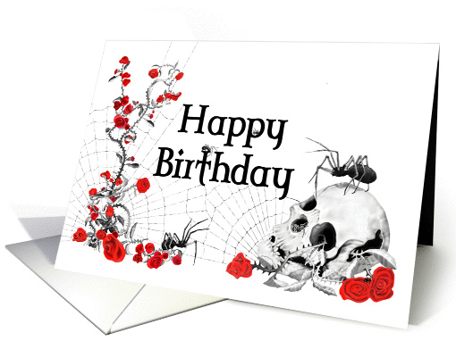 Spiders, Roses and Skull Birthday Card with white background card