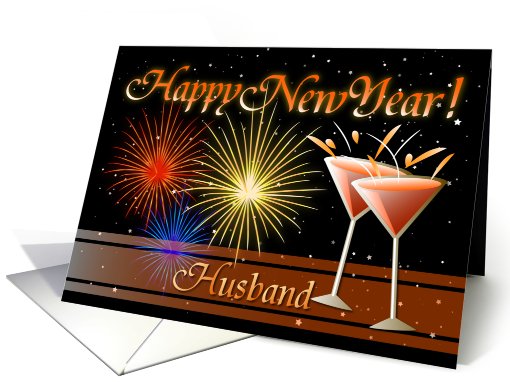 Happy New Year Husband - Wine Glasses and Fireworks card (735419)