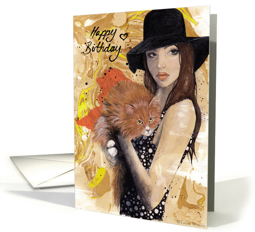 Happy Birthday, Girl in Hat with Cat card (640103)