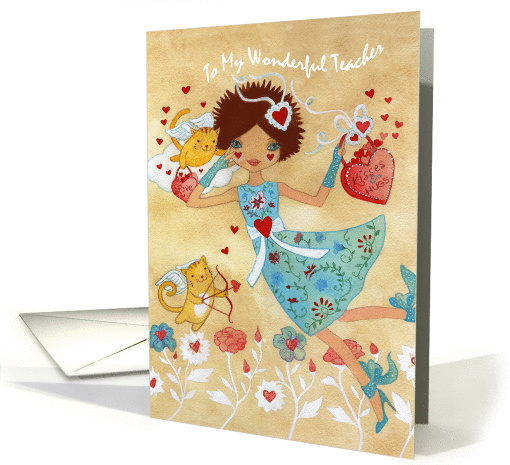 Happy Valentine's Day Teacher with Cupid Cats, Flowers, Hearts card