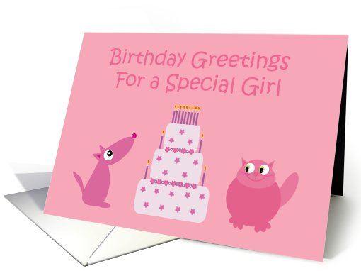Cute cat, dog & cake pink Birthday card for a young girl card (700432)