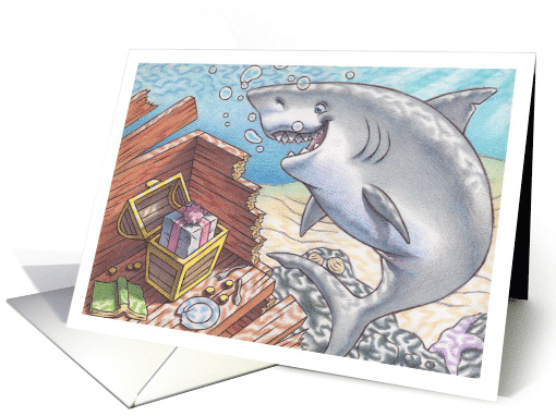 Birthday Great White Shark Discovering Pirate Treasure card (1727450)