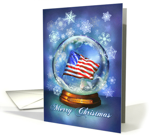 Patriotic Christmas American Flag in Snow Globe with Snowflakes card
