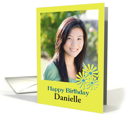 Happy Birthday photo card with yellow daisies to customize name card