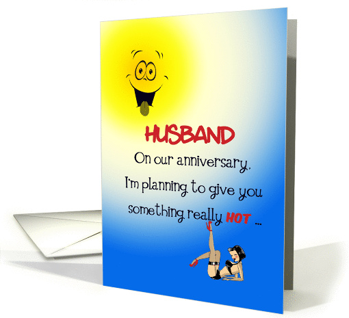 Husband anniversary humor, comic face, sexy lady, blue, yellow card
