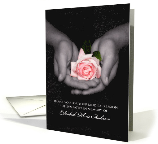 Personalized Sympathy Thank You Pink Rose In Hands With Name card