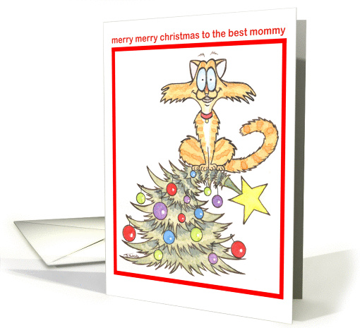 merry christmas mommy cute illustrated cat atop christmas tree card
