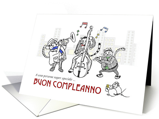 Happy Birthday in Italian, Buon Compleanno, Cats play jazz music card