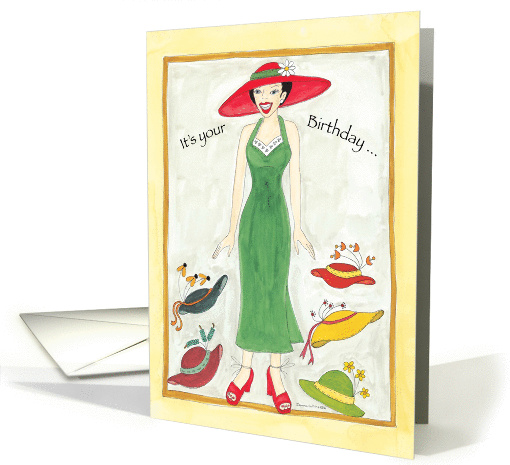 Stylish woman with many hats card (836819)