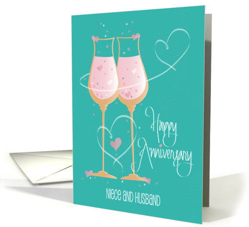 Anniversary for Niece and Husband, Teal Champagne glasses & Hearts