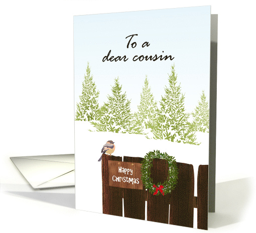 Christmas for Cousin Bird and Mistletoe Wreath on Wooden Fence card