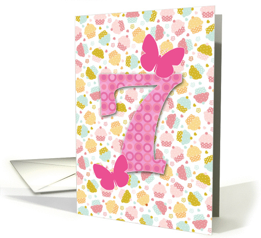 7 Year Old Girl's Birthday with Cupcakes and Butterflies card (873063)