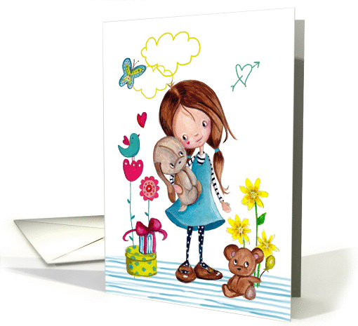Happy Birthday - Little Girl with her dog and bear - Spring card