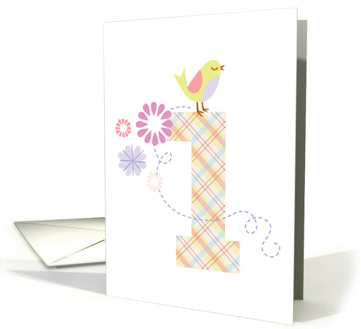 Happy First Birthday, Bird, Flowers, Big Plaid '1' card (929401)
