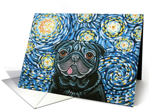 Starry Night Moon Black Pug Dog Birthday card (1181376)