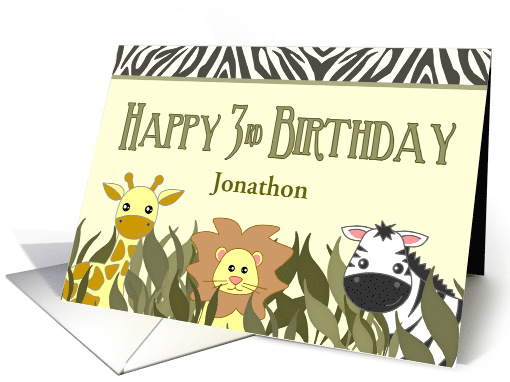 Happy 3rd Birthday Cute Cartoon Jungle Animals Custom Name card