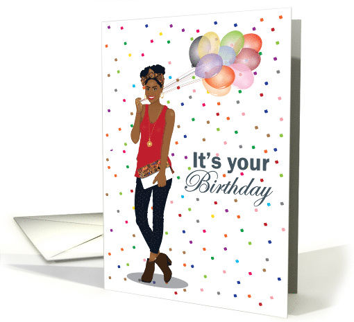 Birthday for her - Gorgeous and stylish black woman with balloons card