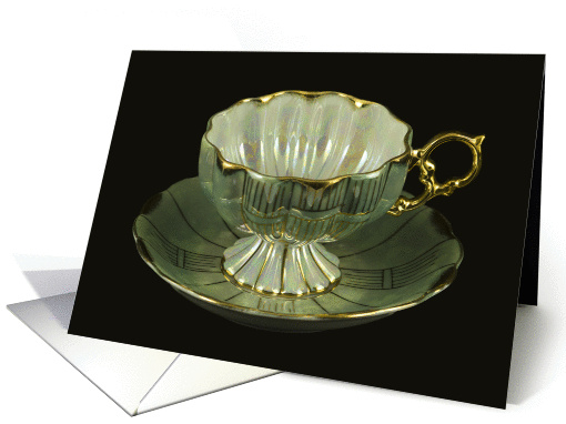 Antique Green Art Deco Teacup Invitation to a Birthday Tea card