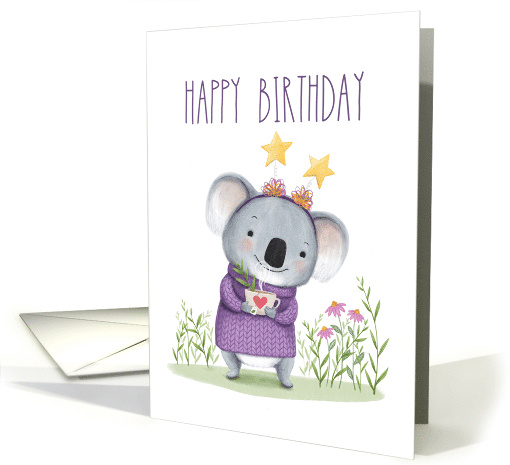 Happy Birthday to Koala with Flowers, Stars and Tea card (1744168)