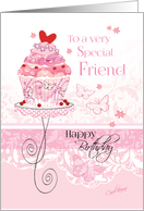 Birthday for Friend - Pink Cupcake on Stand with Lace - Effect card