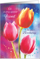 Birthday, Friend, 3 Vibrant Tulips on Water-Color Background card